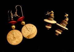 Vintage Retro Wood Gold Bead Discs Bohemian French Wire Earrings Studs Lot Of 2