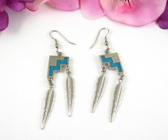 TURQUOISE CHIP Dangling FEATHER EARRINGS Vintage Pierced SW 92 Silvertone 3″