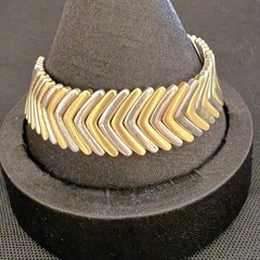 Vintage Tri Tone Chevron Link Bracelet Gold Silver Statement Signed Look 7″