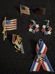 USA Patriotic Jewelry Lot 6 Pc Flag Pins Brooch Earrings Ribbon Metal Rhinestone