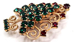 Vintage Signed Hobe Christmas Tree Brooch Gold-tone Green and Red Rhinestones
