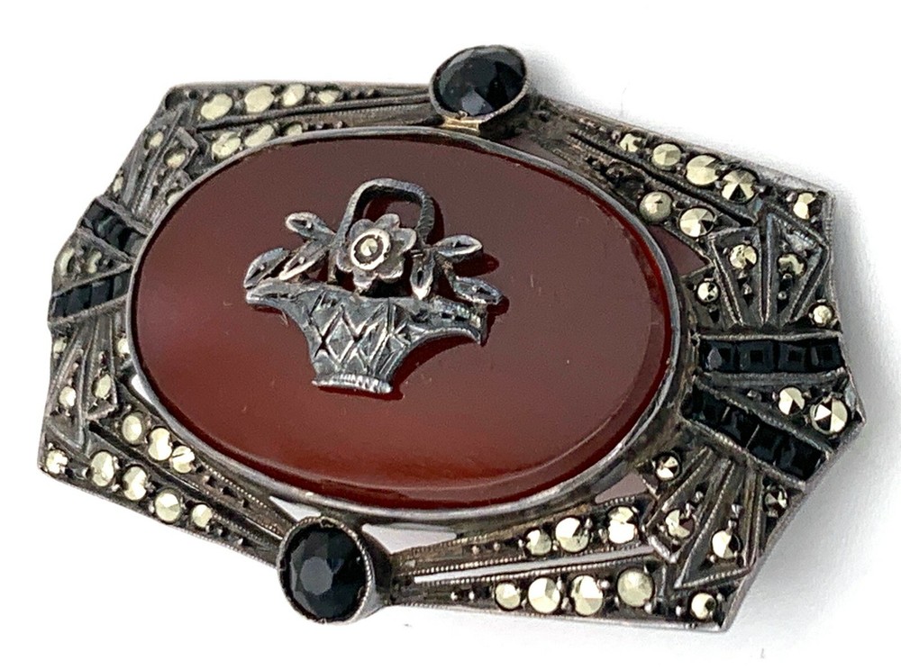 Art Deco Sterling Silver Carnelian Marcasite Brooch | 12 grams