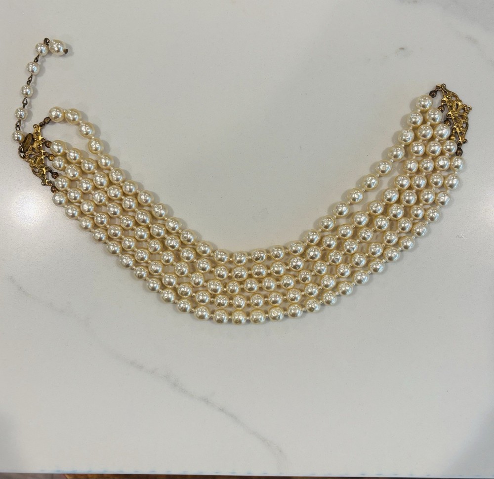 VTG SIGNED Miriam Haskell BAROQUE PEARL NECKLACE VINTAGE CHOKER 5 STRAND