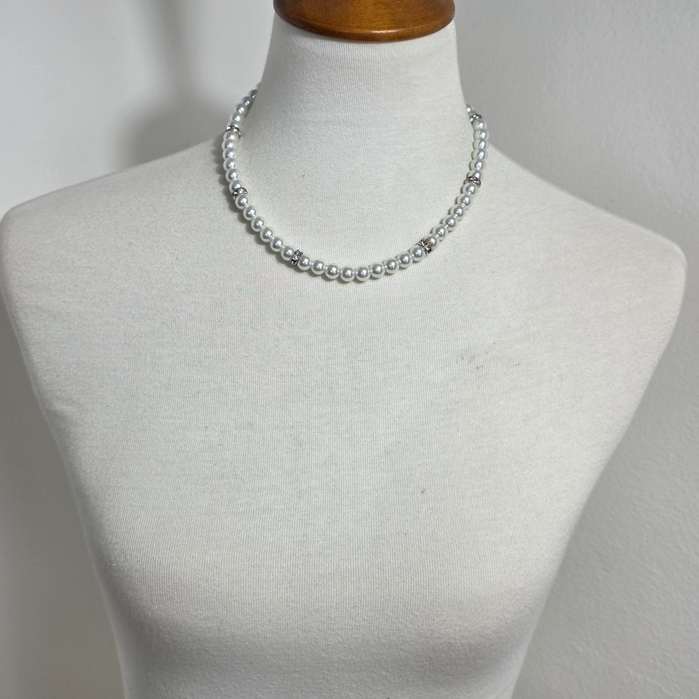 Icing White Faux Pearl Necklace Silver-Tone Rhinestone Rondelles Spacers