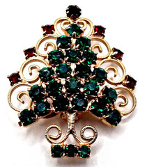 Vintage Signed Hobe Christmas Tree Brooch Gold-tone Green and Red Rhinestones