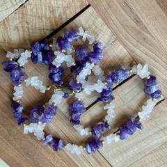 Vintage Hobe Rose Quartz Amethyst Nugget Necklace 28 Inch Gold Tone Bead Spacers