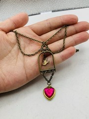 Vintage Boho Quirky Love Bird Dove Pink Photo Heart Locket Statement Necklace