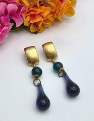 Vintage Signed MO Blue Glass Teardrop Dangle Earrings Gold Tone 2.5in