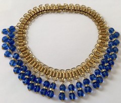 EARLY MIRIAM HASKELL BLUE GLASS BEAD AND RHINESTONES FRINGED BOOKCHAIN NECKLACE