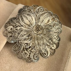 Antique Made In Mexico 900 Silver Floral Filigree Brooch 3D 3.75” 56 Grams