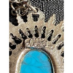 Vintage Signed Celebrity Silver Tone Faux Turquoise Starburst Pendant Necklace