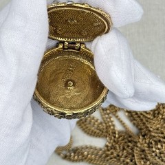 Vintage Goldette Trinket Locket Multi Strand Chain 30-42″ Blue Red Scrollwork