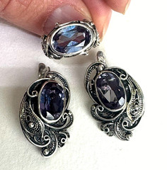 Vintage 1974 Soviet Silver 875 Set Alexandrite Color Change Filigree Kharkiv 4ХЮ