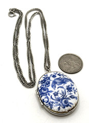 Vintage Guilloche Locket Blue White Enamel Bird of Paradise Floral 24″