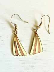Vintage Art Deco Coral & Cream Fan Enamel Dangle Earrings Geometric Gold Tone