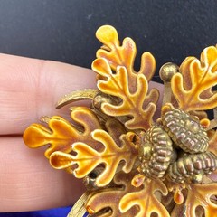 Vintage Enamel Brooch Clip on Earrings Set Flower Fall Acorn Tree Autumn