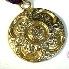 1980s Medallion Necklace Pendant 5 Strand Cord Large Statement Gold Tone Beads