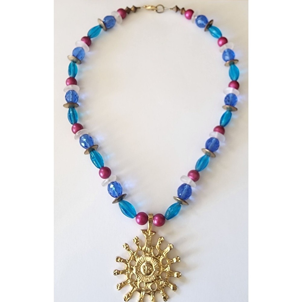 Vintage Sun Pendant Beaded Necklace Multi Color & Blue Beads Gold Tone See Pic *