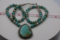 Heavy Turquoise and Silver Beaded Pendant Necklace Sterling Silver