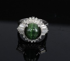 Vintage 4.02ct Cats Eye Green Tourmaline & 0.50ct Diamond Platinum Ring Size 5.5