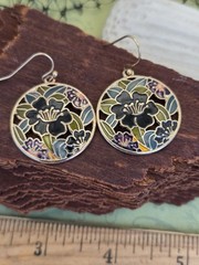 Vintage Cloisonne Earrings Black Floral Circles Wired Pierced Dangles Gold Tone
