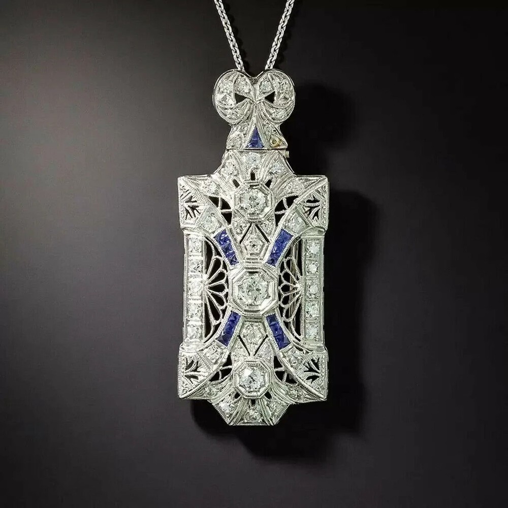 Art Deco Round Cut Lab Created Diamond & Sapphire Wedding 925 Silver Pendant