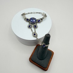Vintage Silver Tone Slave Bracelet Ring Set Blue Cabochon Stone Boho Filigree