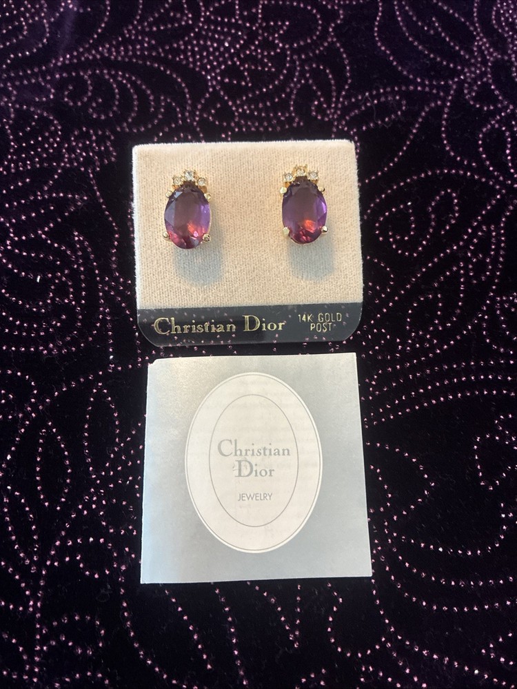Vintage NWT Christian Dior Oval Purple Glass Crystal 14k Gold Post Earrings