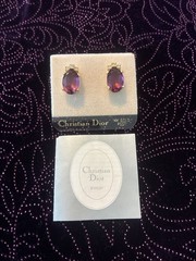 Vintage NWT Christian Dior Oval Purple Glass Crystal 14k Gold Post Earrings