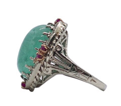Vintage 14k gold, ruby & diamond accented, 15ct cabochon emerald ring, size 5.50