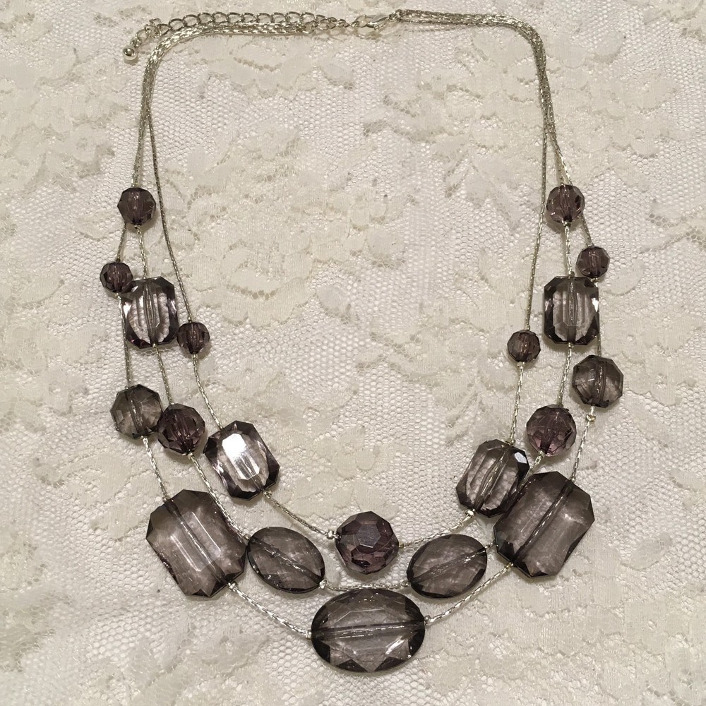 Vintage Silver Tone Smokey Purple Gray Bead 3 Strand Necklace Layered Statement