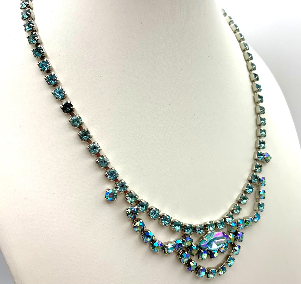 Sky Blue AB Aurora Borealis Rhinestone Festoon Necklace Prong Set Vintage 1950s