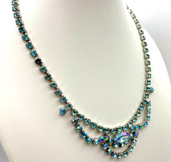 Sky Blue AB Aurora Borealis Rhinestone Festoon Necklace Prong Set Vintage 1950s