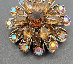 Vintage Brown & Amber Rhinestone Floral Brooch w/ Aurora Borealis AB Crystals