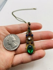 Vintage Gothic Green Colorful Rhinestone Filigree Cutout Bronze Tone Necklace