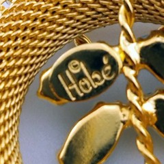 Hobe Rhinestone and Blue Art Glass Cabochon Gold Mesh Brooch Vintage