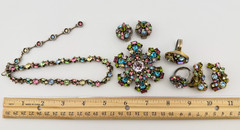 Hollycraft Pastel Rhinestone Parure Necklace Brooch Rings Earrings 6 Pc Lot 1953