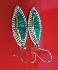 925 ATI Mexico Malachite Earrings 1.75in Drop Sterling Silver 6g Marquise Bezel