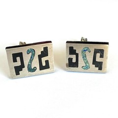VTG Taxco Mexico Sterling Signed AAB Cuff Links Mid century Mod Aztec Black Onyx