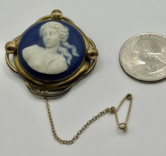 Antique Victorian Art Nouveau Wedgwood Blue Jasperware Lady Brooch Safety Chain