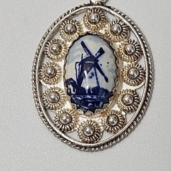 Silver 835 Necklace Windmill Holland Blue Porcelain Silver Chain 17″