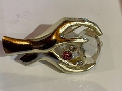 Vintage Jeweled Hand Brooch Unsigned Coro ? Red / Clear Rhinestones