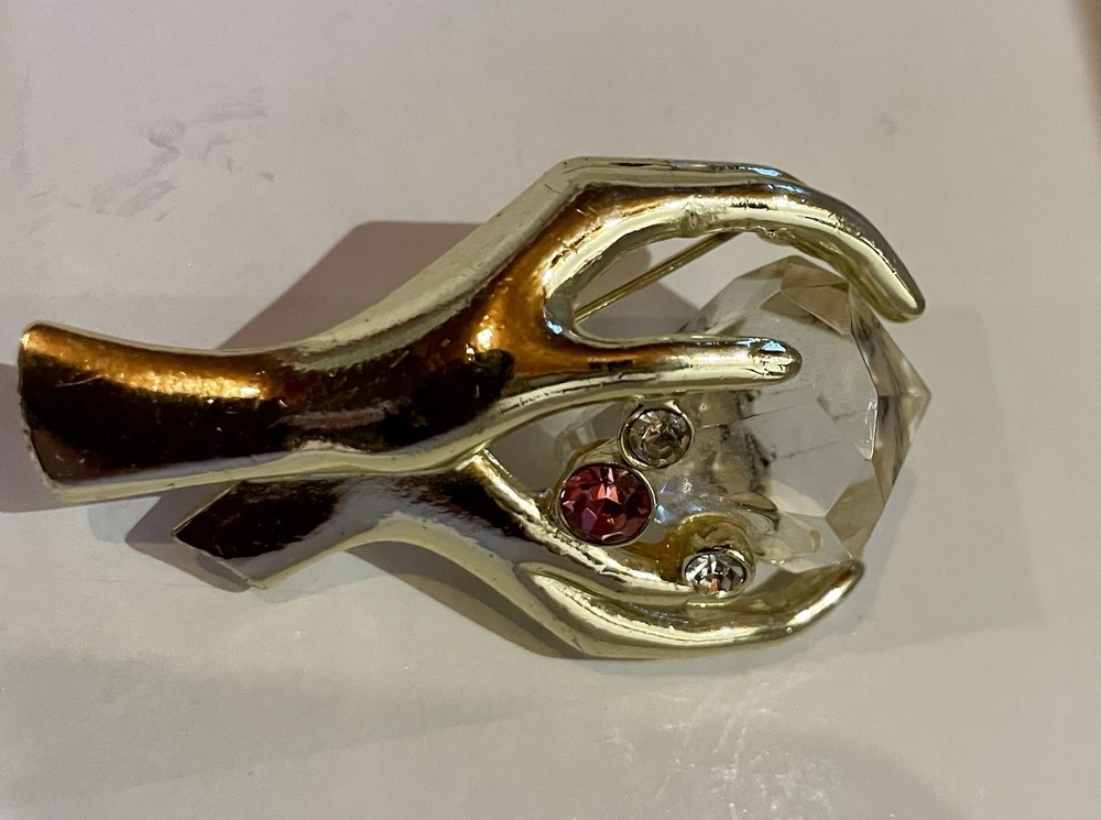Vintage Jeweled Hand Brooch Unsigned Coro ? Red / Clear Rhinestones