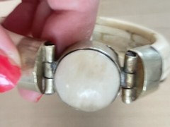 Vintage Inlaid Bone Tribal Hinged Bangle Bracelet Boho Bohemian Jewelry 7 in