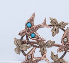 Estate Victorian 15ct Two Tone Gold Swallows Leaves Pin Brooch Round 0.9″ 1.72g