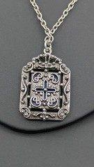 Vintage Gothic Pendant Necklace Blue Glass Victorian Revival Silver Tone 22″