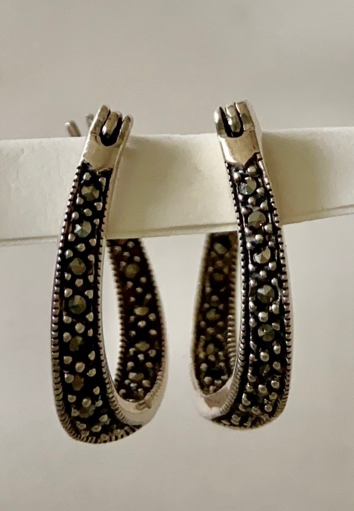 Sterling Silver Inside Outside Marcasite Pierced Hoop Earrings
