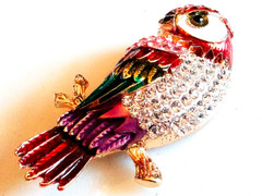 ENAMELED OWL BROOCH!Figural Bird Motif Pin.Pink & Clear Crystals.Gold Tone Set.
