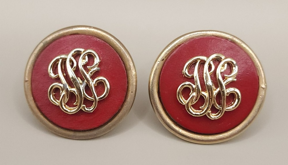 Vintage 1980s Red Leather & Gold Monogram Statement Clip-On Earrings 1.25″