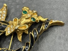 GORGEOUS Black Enamel Chinese Dragon Green Rhinestone Unsigned Gold Tone Brooch